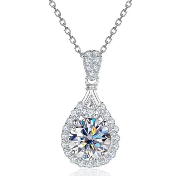 Certified 5ct. t.w. Moissanite Diamond Teardrop Halo Necklace NEW - Picture 7 of 13